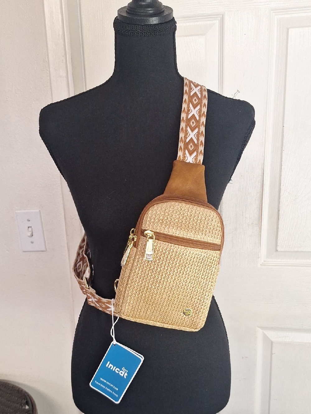 RFID Straw Crossbody Bag for Women Woven Raffia Sling Khaki With Brown